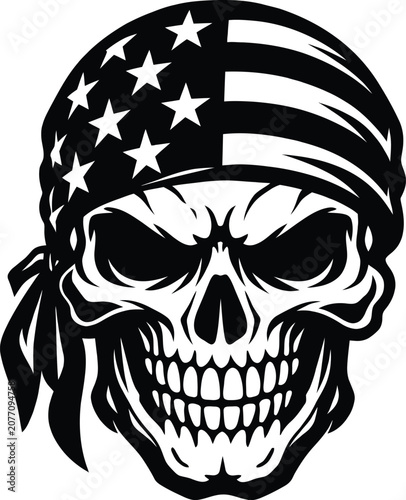 Patriotic Skull Vector with USA Flag Bandana, Black and White Illustration Featuring Stars and Stripes, Bold Rebel Design Symbolizing Strength and Freedom