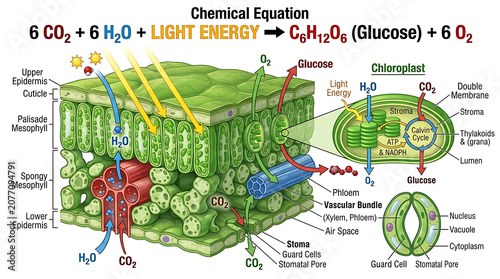 Foto A detailed diagram of plant cells undergoing photosynthesis in a chloroplast environment with glucose and oxygen