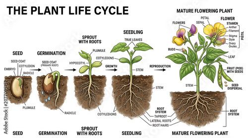 Foto The plant life cycle shows a seed germinating into a sprout with roots, growing into a seedling, and maturing into a flowering plant in nature