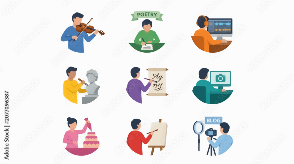 Fototapeta premium Flat Illustration Icon Sheet of Creative Pursuits: Violinist, Poet, Audio Editor, Sculptor, Calligrapher, Photographer, Cake Decorator, Painter, Vlogger