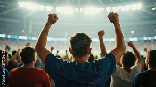 Fans Raising Fists During Exciting Soccer Match in Stadium