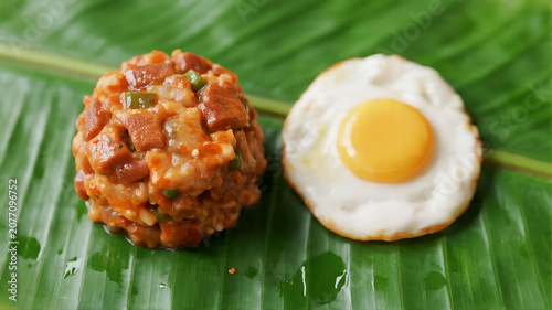 Overhead Perspective of a Balanced Resin Pad Kra Pao on a Fresh Banana Leaf