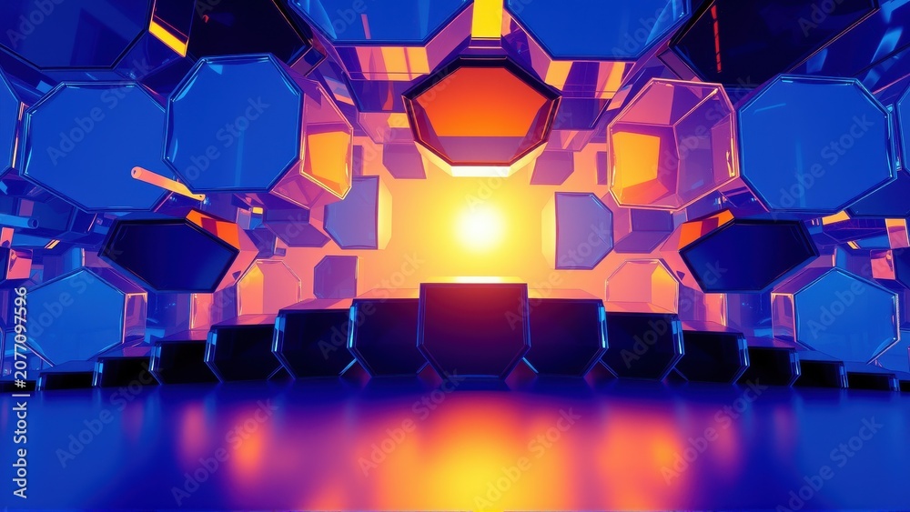 Fototapeta premium Futuristic tunnel, hexagonal shapes, vibrant colors, glowing light source. Dramatic perspective creates immersive space.