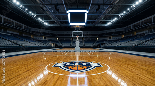 Unpopulated Professional Indoor Wood Basketball Court with Bright Lights