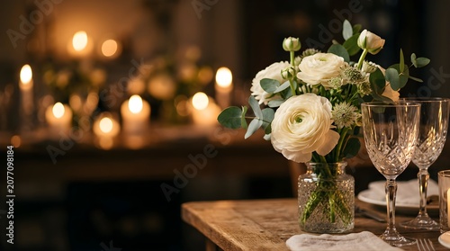 Elegant floral centerpiece with white flowers on a wooden table at night
