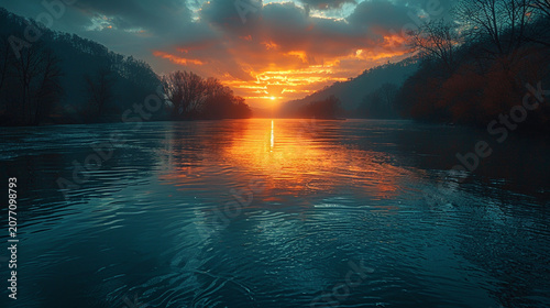 Dramatic sunset over a calm river, reflecting vibrant orange hues in the still water, with silhouettes of trees lining the banks.