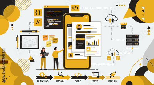 Photos App Development Process with Planning Design Test and Deploy Stages Vector Illus