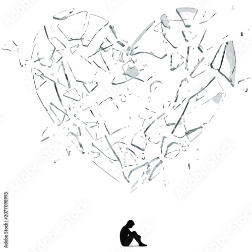 Photos Sad person sitting under broken shattered heart silhouette concept with solitude