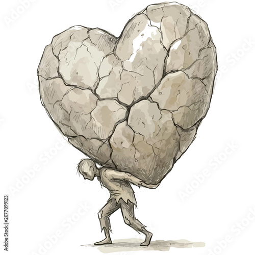 фотографія Illustration of a man carrying a heavy cracked stone heart with character design