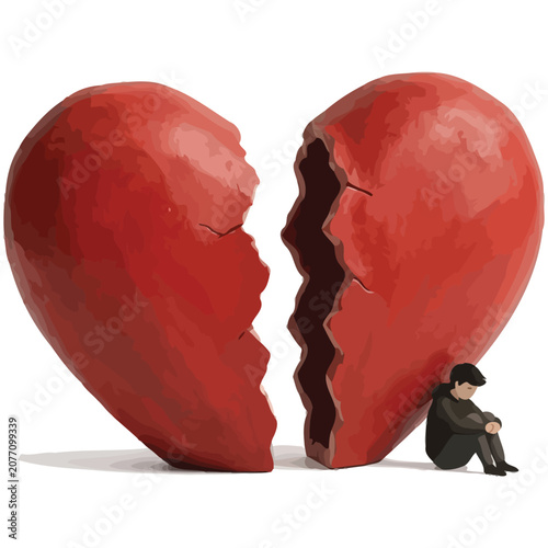 Fotografía Sad man sitting alone next to a large broken red heart with relationship