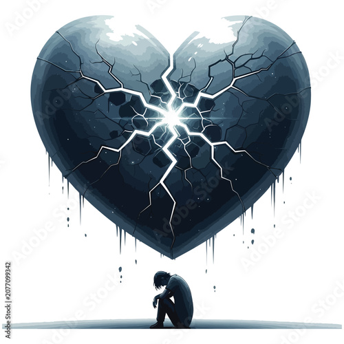 Φωτογραφία Depressed person sitting under a large glowing cracked heart shape with darkness