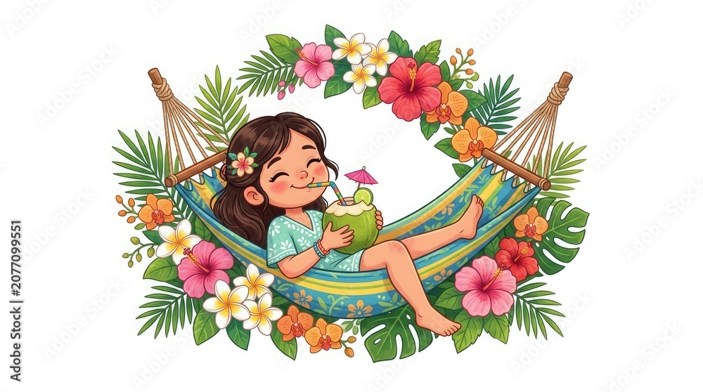 Naklejka premium Cartoon girl relaxing in a colorful hammock with tropical flowers and a coconut drink