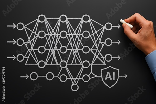 AI neural network. System engineer drawing neural connections and structure on blackboard. Analyzing machine learning and deep learning systems.