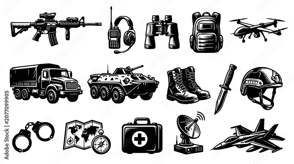Obraz premium Military Gear Icons: Rifle, Drone, Truck, Knife, Jet, Boots, Binoculars, Map, Radio