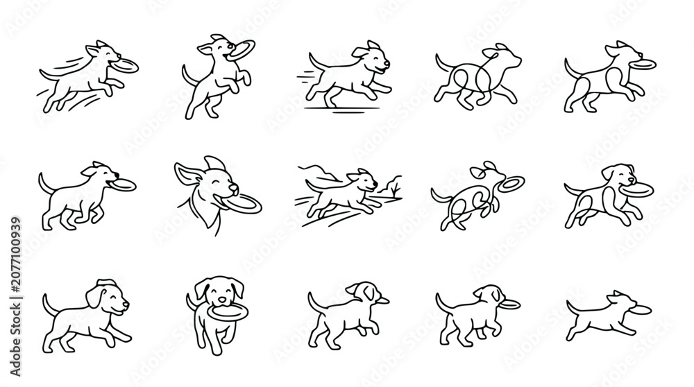 Fototapeta premium Happy Dogs Playing with Frisbee Icon Set: Running, Jumping, Catching - Line Art Collection