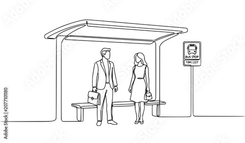 Minimalist Continuous Line Art of Bus Stop Shelter with Male and Female Passengers