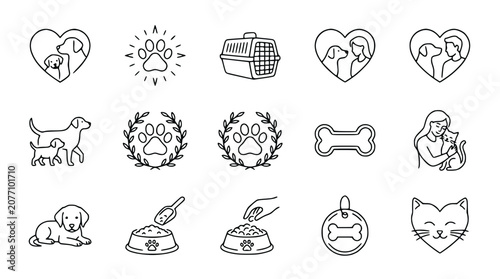 Obraz na plátne Pet Care Icons: Dogs, Cats, Paw Prints, Hearts, Food Bowls, Carriers