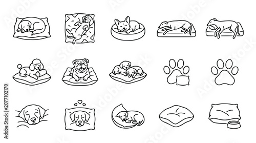 Photography Cute Dog Breeds Sleeping on Pillows and Beds - Vector Icons Collection