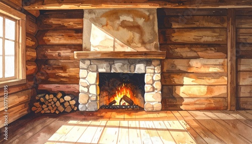 Frontal watercolor view of cozy cabin stone fireplace.