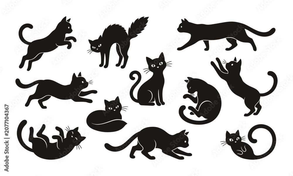 Obraz premium Collection of black cat silhouettes in various poses including sitting jumping and stretching for Halloween and pet themed design projects