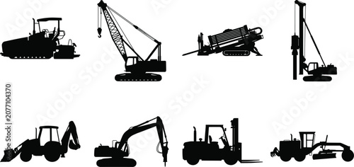 Canvastavla Construction Machinery Silhouette Icon Collection Featuring Excavators Cranes Lo
