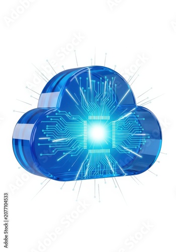 3D Cloud Computing Concept with Integrated Circuit Board and Glowing Data Center Isolated on White Background