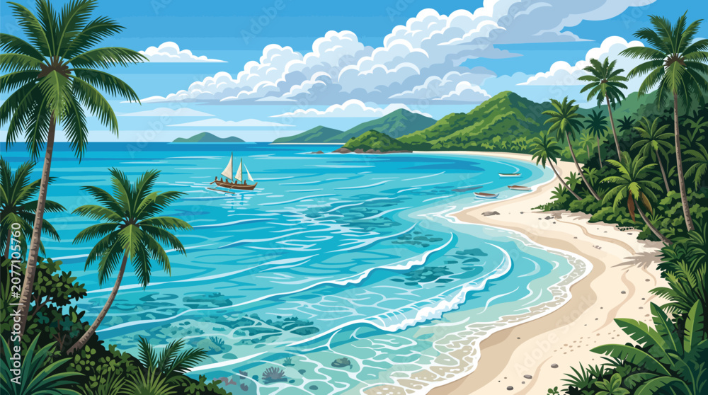 Fototapeta premium Realistic tropical ocean paradise banner with palm trees turquoise water and a vibrant beach scene for advertising
