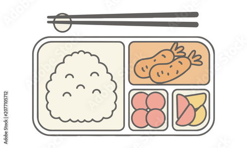 Minimalist line art of a Japanese bento box with rice and tempura and chopsticks isolated on a white background, healthy lunch and culinary concept
