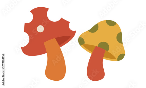 Two whimsical colorful mushrooms with rounded caps and stout stems in flat design style isolated on a white background. Minimalist organic nature concept