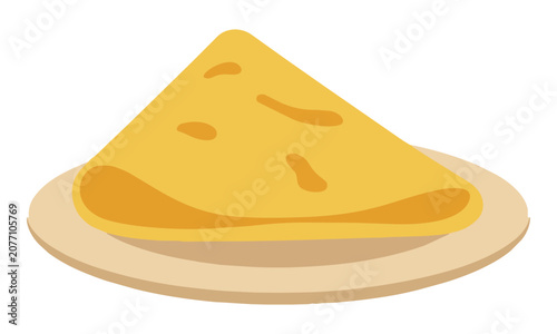 Minimalist flat graphic of a golden folded crepe on a small plate with clean shapes and solid colors isolated on white Culinary breakfast concept