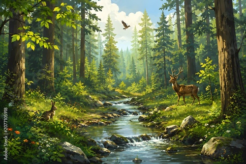 Serene forest clearing with wildlife forest nature stream trees autumn green path waterfall summer environment spring park rocks.