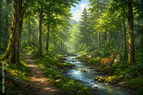 River in the forest with deer forest nature trees path green landscape tree road water woods spring river stream wood.