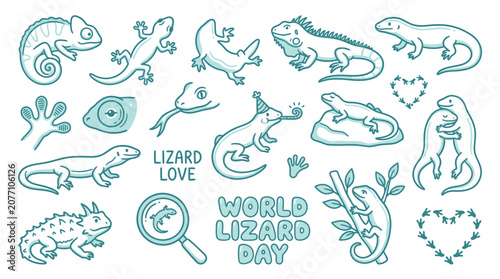 Billede på lærred Collection of cute hand-drawn lizards and related elements, perfect for World Lizard Day celebrations
