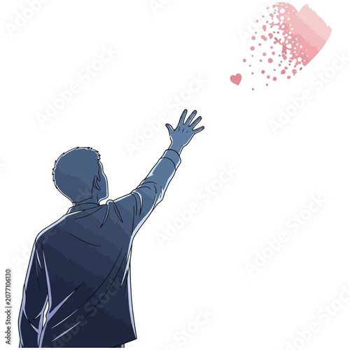 Tableau sur toile Man reaching for a heart symbol as it dissolves into particles with dissolving