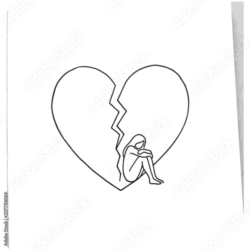 Foto Woman sitting alone inside a broken heart illustration with emotional, isolation