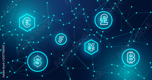 Photos Glowing currency symbols, Euro, Dollar, Franc, Yen, Pound, Bitcoin, interconnected by a digital network on a dark blue background, represent global financial technology and blockchain