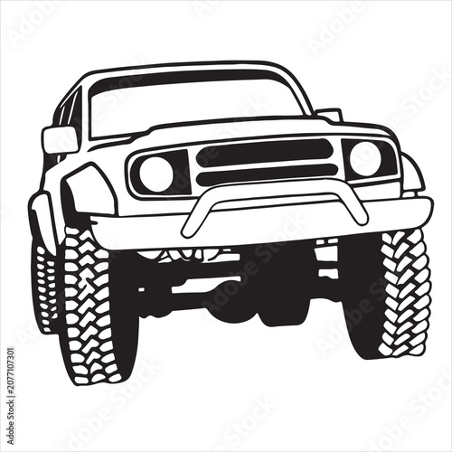 Rugged Off Road SUV Front View Black and White Line Art Illustration