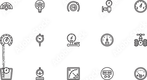 Industrial measurement instruments and pressure valve outline vector icon set featuring analog flow meters pipe regulators thermometers and dial indicators