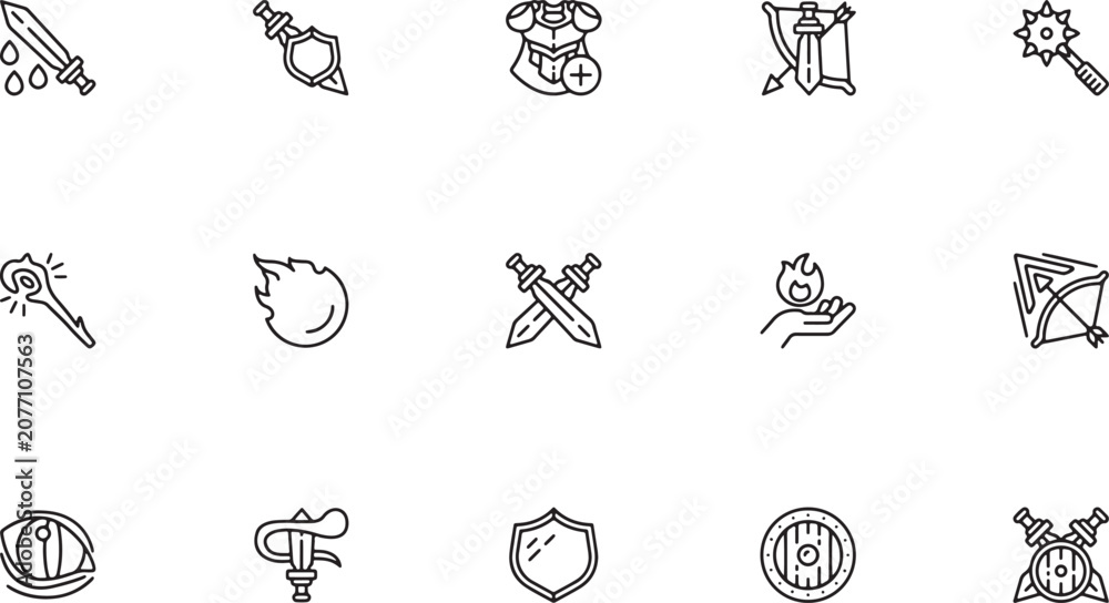Fototapeta premium Medieval fantasy game outline vector icon collection featuring crossed swords magical fireballs heavy chest armor plates and magic spells for rpg inventory ui