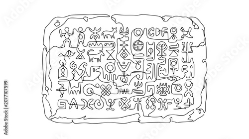 Photos Ancient Script Stone Tablet with Hieroglyphs and Symbols, Primitive Art