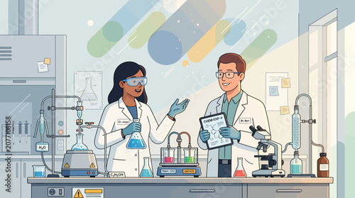 Scientists in Laboratory Discussing Research Experiment Illustration