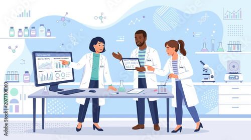 Scientists Team Analyzing Data in Laboratory, Medical Research