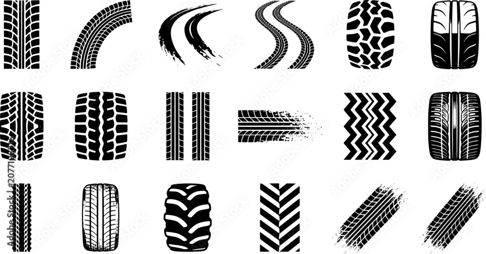 Fototapeta premium Black Tire Tread Marks Silhouette Icons Set with Car Wheel Tracks Off Road Patterns and Grunge Skid Textures