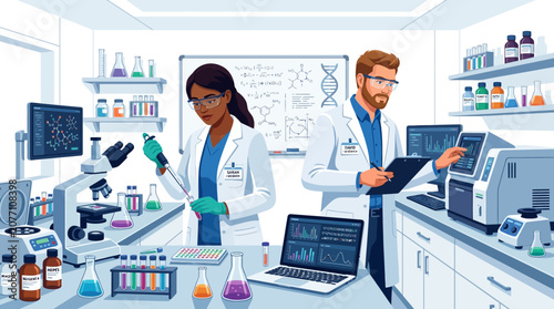 Scientists in Lab Researching, Analyzing Experiments, Chemical Experiments