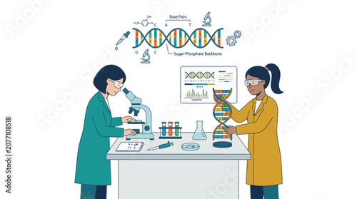 Scientists in lab, DNA research and medical science illustration on white