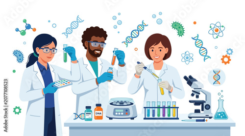 Scientists Team in Lab Conducting Experiment Illustration