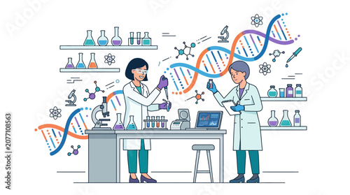 Scientists in Lab Studying DNA Strand and Chemical Structures