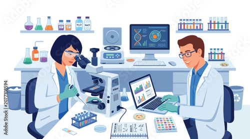 Scientists in Lab Researching, Analyzing Data with Microscope and Computer