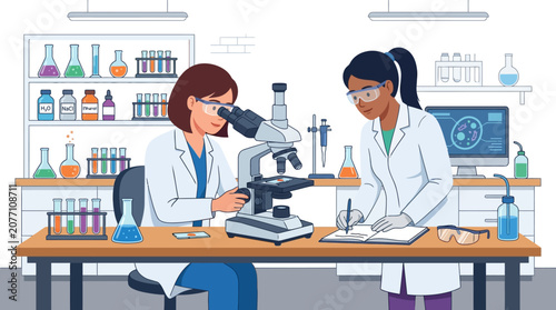 Scientists in Lab: Researching with Microscope and Laboratory Equipment