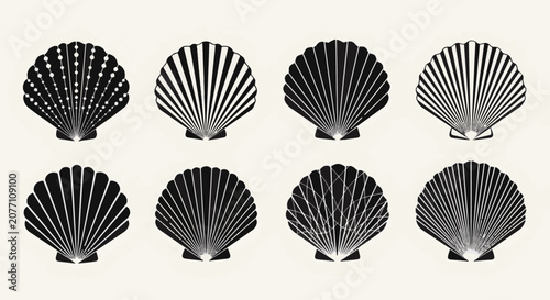 Collection of eight black scallop shell silhouettes featuring diverse decorative internal patterns, radiating lines, and geometric textures, isolated on a light neutral background.